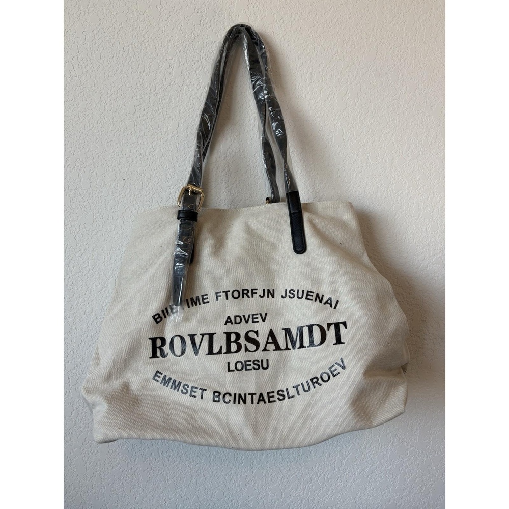 Rovlbsamdt Large Capacity Canvas Tote Bag Cream w/ Black Accents w/ Small Pouch